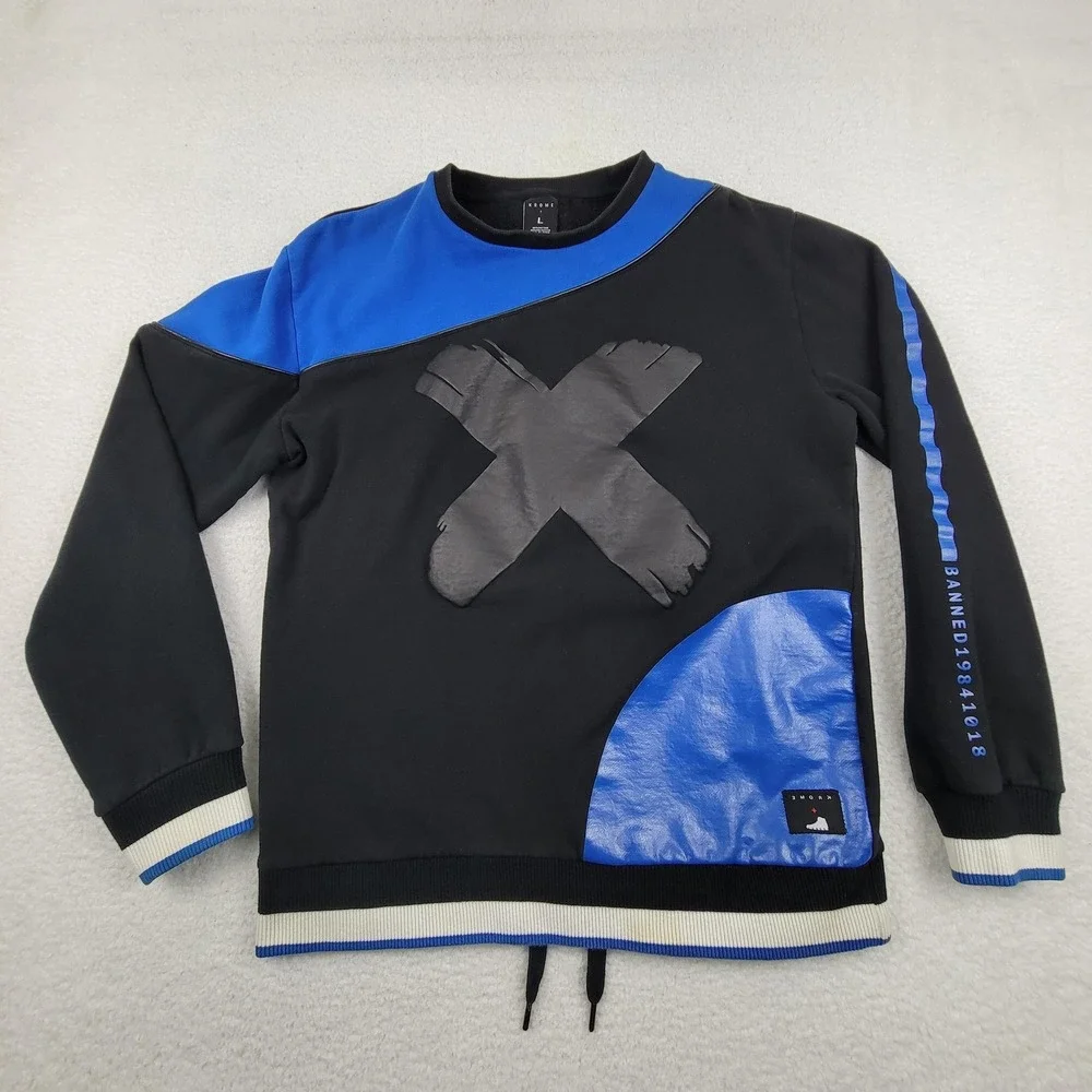 Krome Sweater Mens Large Black Blue X Pullover Crewneck Streetwear Banned 1984
